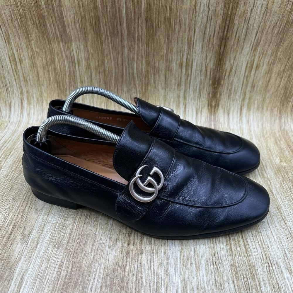 Gucci Slip On Loafers Men's Size 8.5 Black Leather Silver Double G Hardware